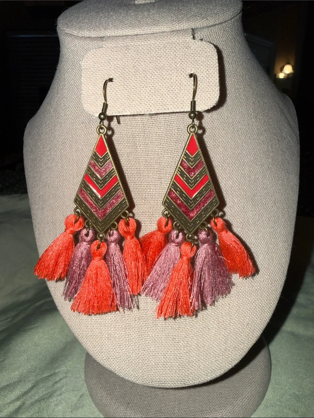 Source Unknown Coral and Dusty Rose Tassel Drop Earrings